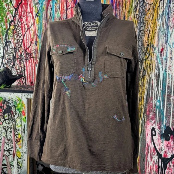 Converse One Star Brown Pullover Upycled with Multicolor Embroidery Size M - Picture 3 of 11